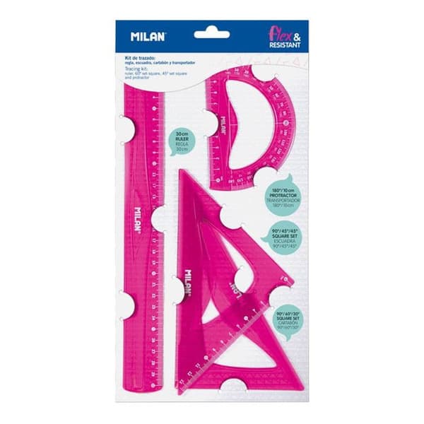 Spårningsset - Linjal - Fyrkanter - Gradskiva - Rosa - Plast - Milano