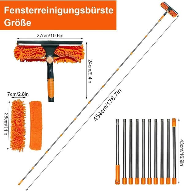 Fönsterskrapa 2-i-1 med teleskopskaft 4,5 m – Fönsterrengöring för höga fönster, bil, dusch, inomhus & utomhus