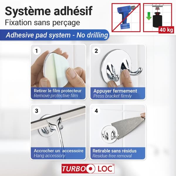 Duschskrapa, badrumsskrapa, väggfäste, borrfri lösning, "Turbo Loc" innovation, Terni Plus