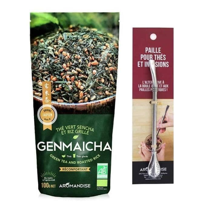 Japanskt ekologiskt grönt te Genmaicha Sencha & grillat ris 100 g + sugrör av rostfritt stål med filter