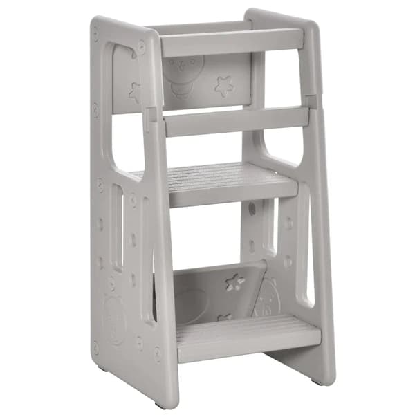 Rootz Kids Step Pall - Inlärningstorn - 3-nivå justerbar höjd - Matsal - Halkfria fötter - Robust plast - Grå - 47 x 47 x 90 cm