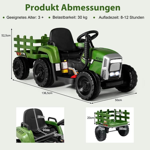 Barntraktor, 136.5x50x52.5 mm, Mörkgrön