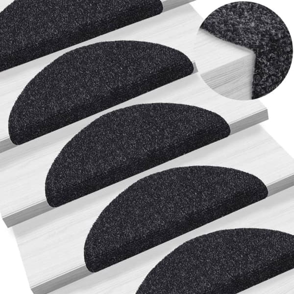vidaXL Trappstegsmattor självhäftande 15 st brodyr 56x17x3 cm svart -  Trappmattor