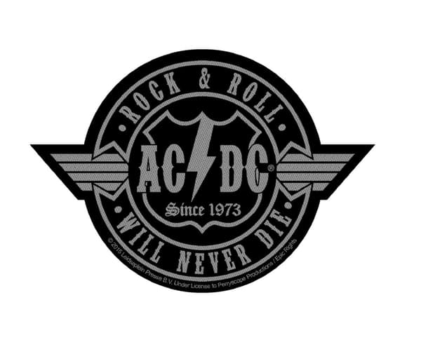 AC/DC Patch Rock N Roll Will Never Die Logo Official Black Woven Cut Out en storlek