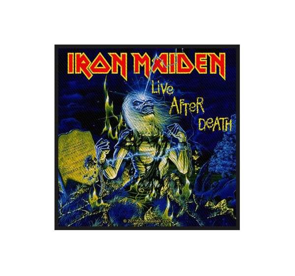 Iron Maiden Patch Live After Death Logo Official Black Woven (10cm x 11cm) en storlek