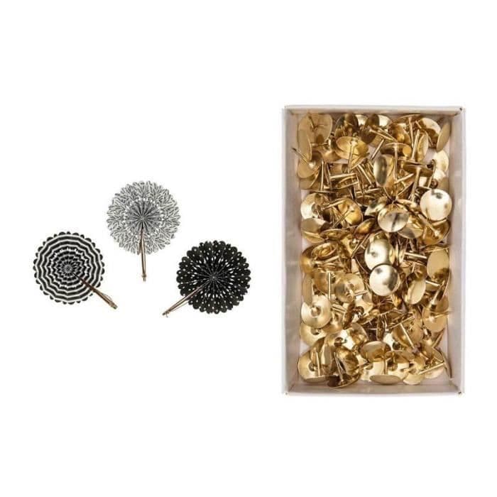 6 mini svartvitt pappersfläktar + 150 guldhäftstift