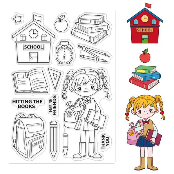 1 ark clear stämpel set tjej börjar skolan