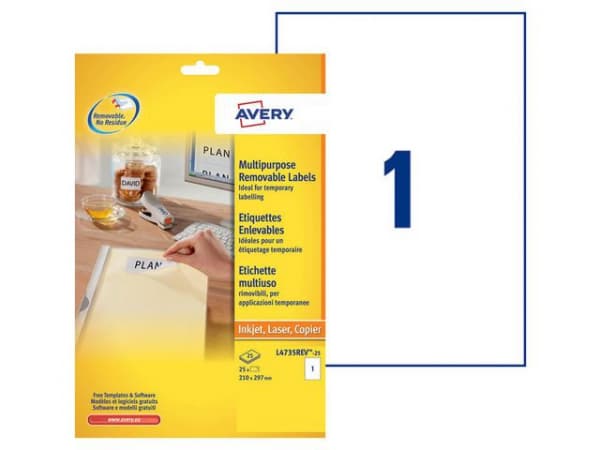 Etikett Avery Avtagbar 210X297Mm (30 stk) (1 stk.)