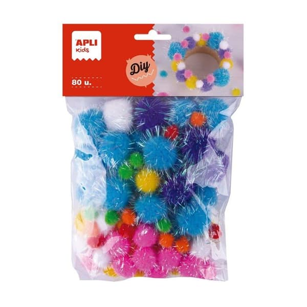 Apli kids - 19366 - Väska med 80 ljusa och färgglada pompoms för manuella aktiviteter och kreativa hobbyer.