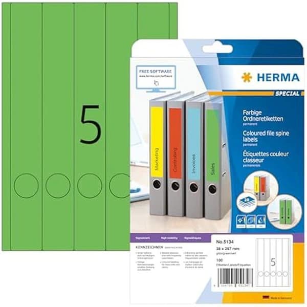 Klassificeringsetiketter - HERMA - 5134 - 38 x 297 mm - 100 stycken - Grön