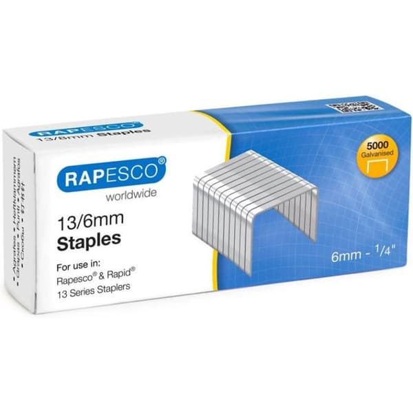 Häftklamrar - RAPESCO - 13/6mm - Box med 5000 - Galvaniserad - Hög kvalitet