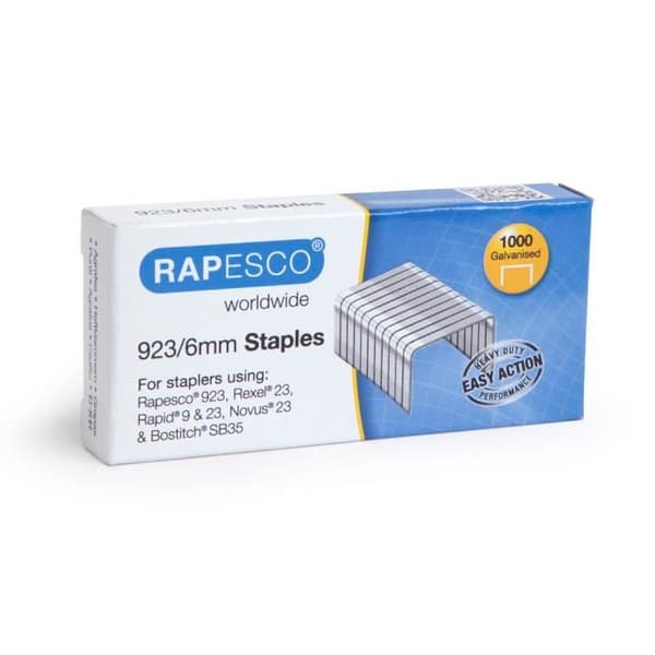 Häftklamrar - RAPESCO - 923 - 6mm - Låda med 1000 - Galvaniserad - Hög prestanda