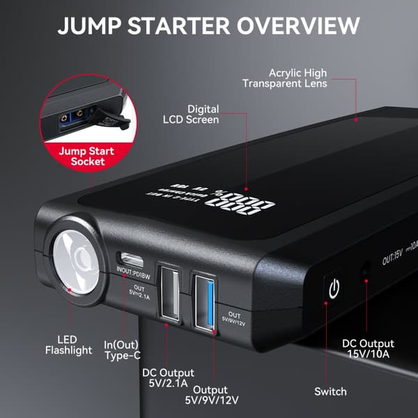 Jump Starter 2000A 20000mah Powerbank Booster USB Oplader Bilbatteri Starter Op til 8,5L Diesel/benzinmotor