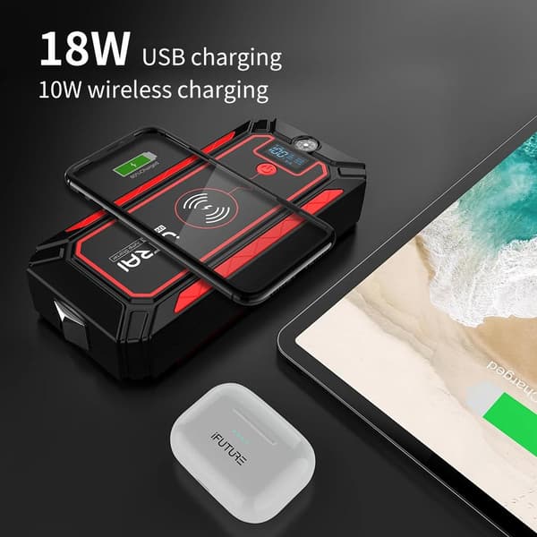 2500A 59,2Wh bärbar multifunktionell bilbatterihjälpstartare med 10W trådlös laddning, säkerhetshammare, kompass och LED-belysning
