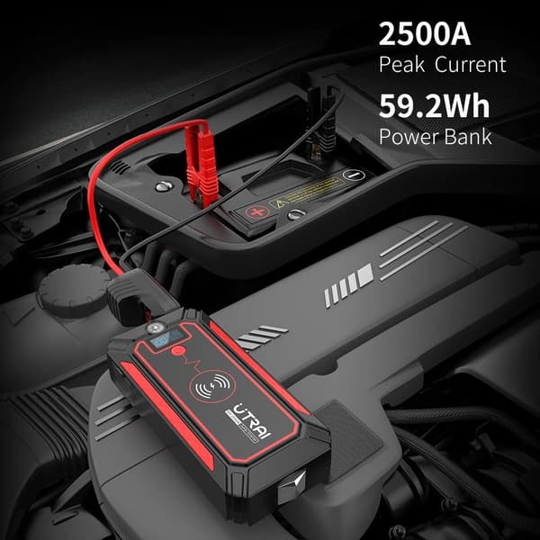 2500A 59,2Wh bärbar multifunktionell bilbatterihjälpstartare med 10W trådlös laddning, säkerhetshammare, kompass och LED-belysning