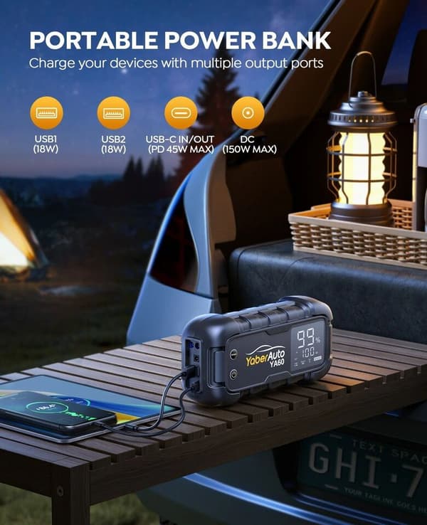 6000A Jump Starter 150W DC Bil Batteri Oplader 3.3 LED Display 600 Lumen Lommelygte Batterioplader Super Starter Enhed