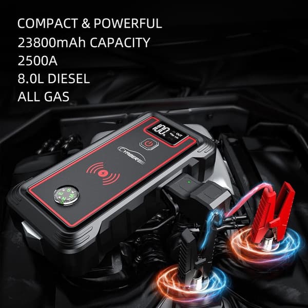 YABER auton akkulaturi 2500A hyppykäynnistin 23800mAh virtapankki 10W langattomalla laturilla kannettava automaattinen tehostimen käynnistyslaite