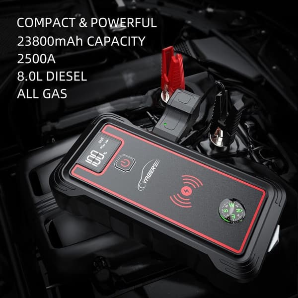YABER auton akkulaturi 2500A hyppykäynnistin 23800mAh virtapankki 10W langattomalla laturilla kannettava automaattinen tehostimen käynnistyslaite