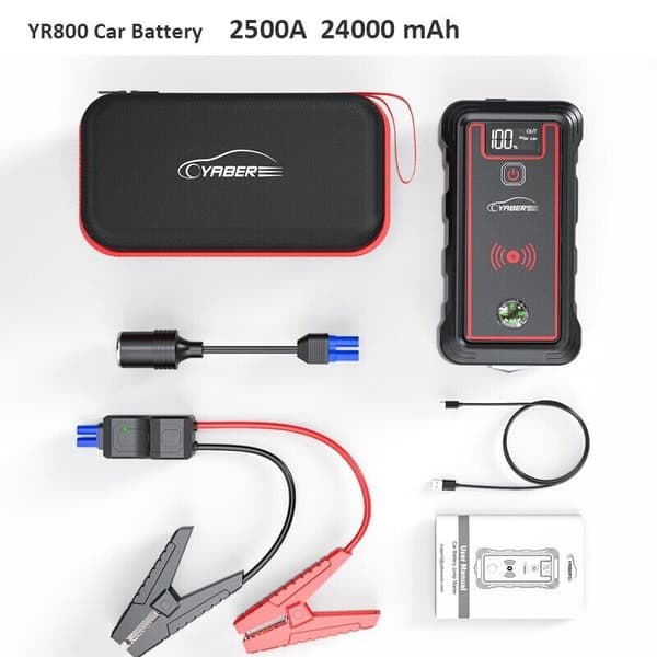 YABER auton akkulaturi 2500A hyppykäynnistin 23800mAh virtapankki 10W langattomalla laturilla kannettava automaattinen tehostimen käynnistyslaite