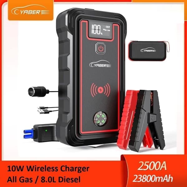 YABER auton akkulaturi 2500A hyppykäynnistin 23800mAh virtapankki 10W langattomalla laturilla kannettava automaattinen tehostimen käynnistyslaite