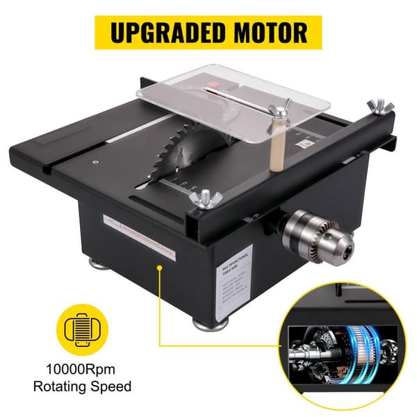 96W 10000RPM 7-växlad bärbar multifunktionell minibordssåg med skärning/slipning kit, högprecisionsskala, säkerhetsbaffel, 0-90° justerbar skärvinkel