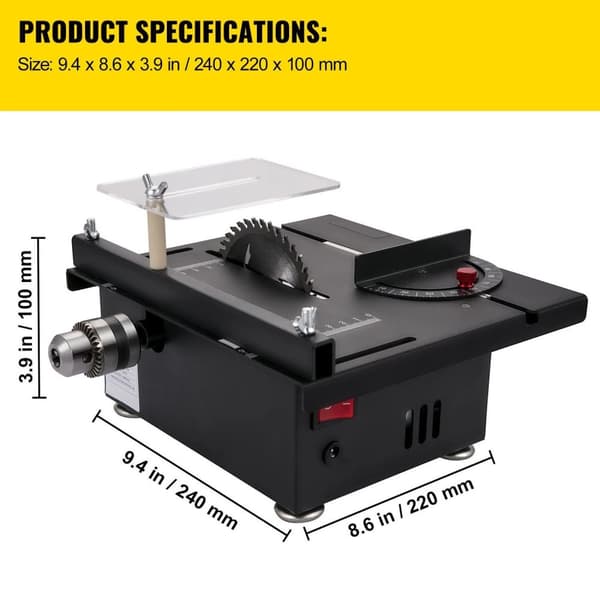 96W 10000RPM 7-växlad bärbar multifunktionell minibordssåg med skärning/slipning kit, högprecisionsskala, säkerhetsbaffel, 0-90° justerbar skärvinkel