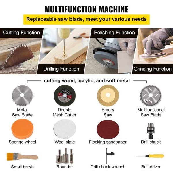 96W 10000RPM 7-växlad bärbar multifunktionell minibordssåg med skärning/slipning kit, högprecisionsskala, säkerhetsbaffel, 0-90° justerbar skärvinkel
