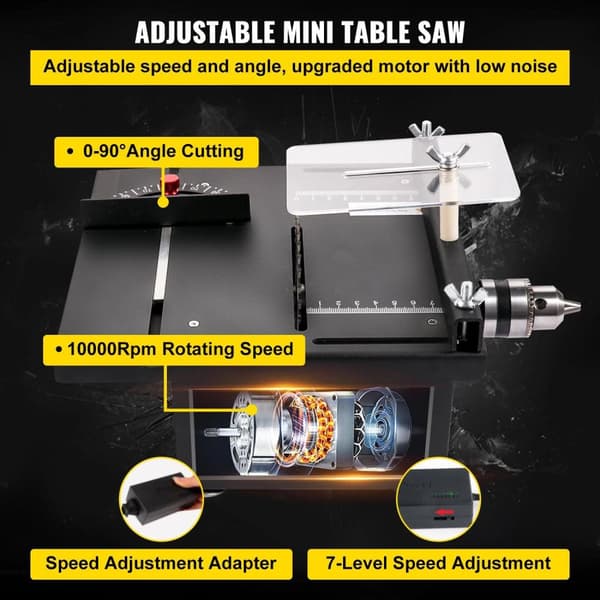 150W 10000RPM multifunktionell minibordssåg kit med Lyftfunktion, högprecisionsskala, säkerhetsbaffel, 0-90° skärvinkel, Steglös hastighetsreglering