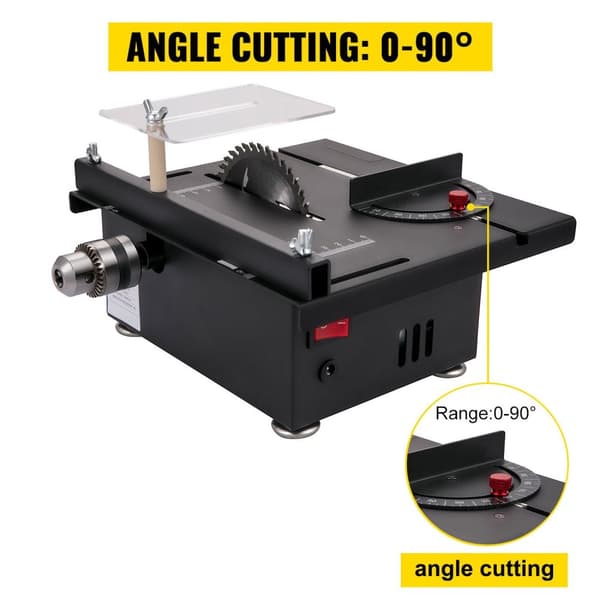 150W 10000RPM multifunktionell minibordssåg kit med Lyftfunktion, högprecisionsskala, säkerhetsbaffel, 0-90° skärvinkel, Steglös hastighetsreglering