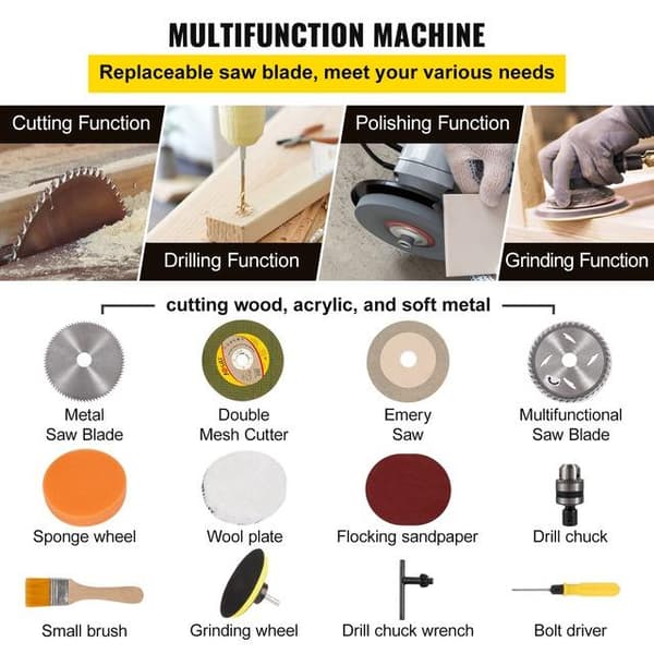 150W 10000RPM multifunktionell minibordssåg kit med Lyftfunktion, högprecisionsskala, säkerhetsbaffel, 0-90° skärvinkel, Steglös hastighetsreglering