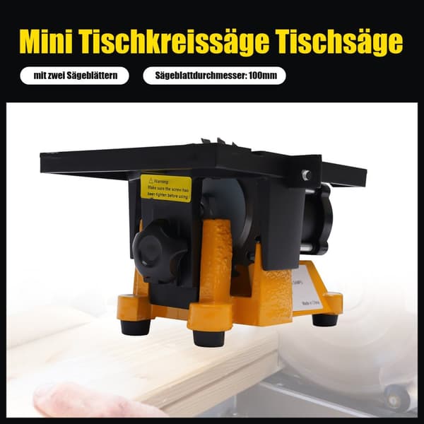 Mini bærbar bordrundsav, 4500 omdrejninger pr. minut, 100mm klingediameter, kompakt design.