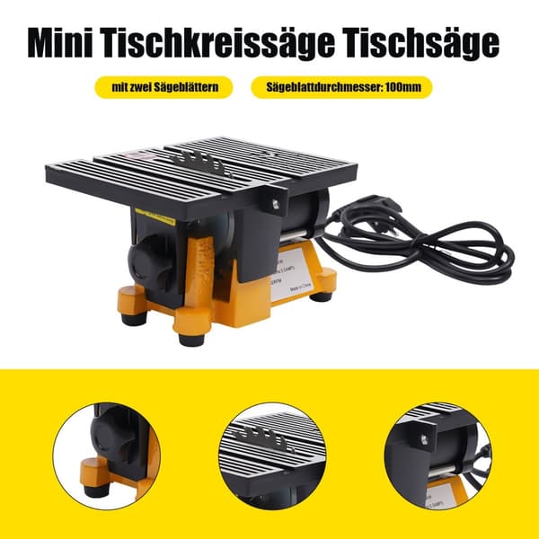 Mini bærbar bordrundsav, 4500 omdrejninger pr. minut, 100mm klingediameter, kompakt design.