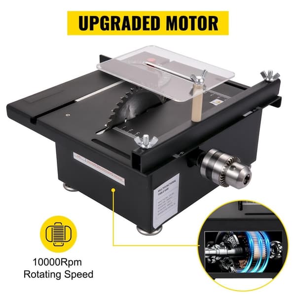 150W 10000RPM multifunktionell minibordssåg kit med Lyftfunktion, högprecisionsskala, säkerhetsbaffel, 0-90° skärvinkel