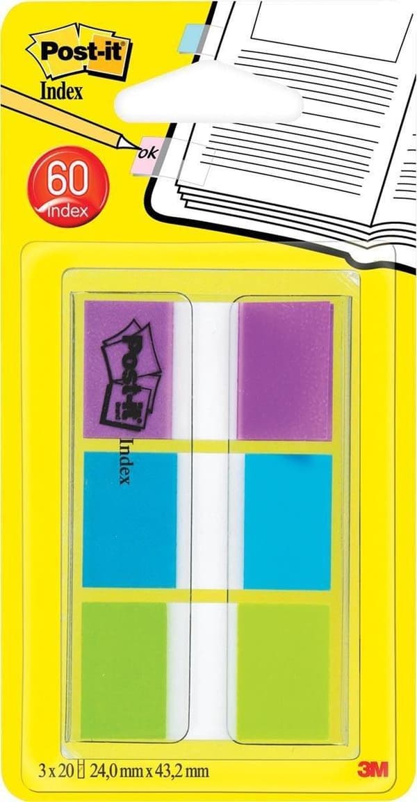 Post-it® indexstativ, bärbart set, lila, blå, grön, 24 x 43,2 mm, 20 flikar/färg