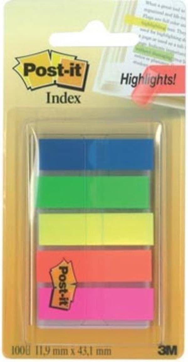 Post-it® Index Translucent, bærbart sæt, grøn, orange, pink, gul, blå, 12 x 43 mm, 20 tapper/farve/dispenser