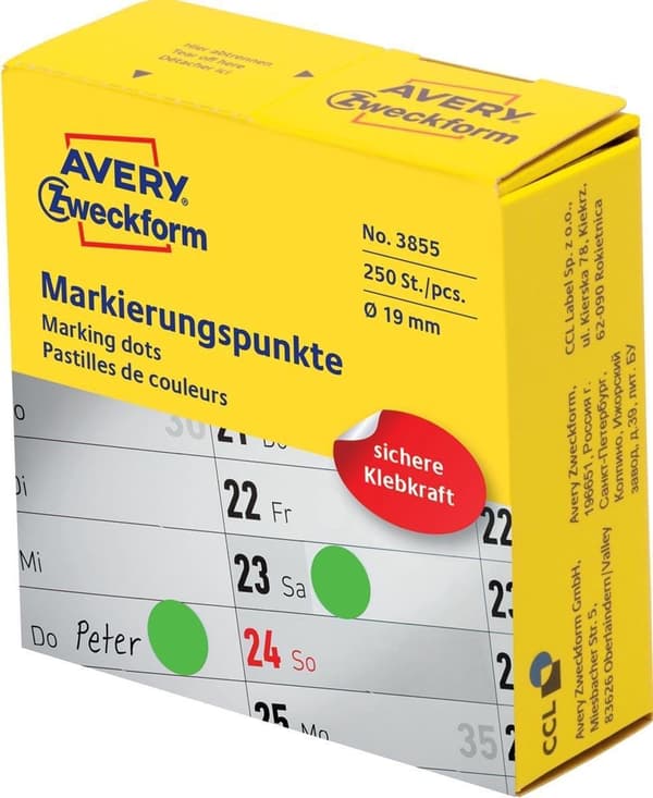 Avery merkintäpisteet, halkaisija 19 mm, rulla 250 kpl, vihreä