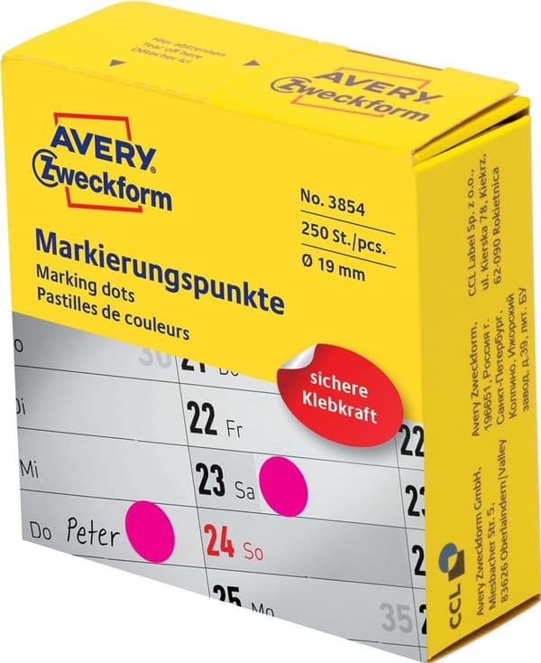 Avery markeringsprikker, diameter 19 mm, rulle med 250 stykker, rød