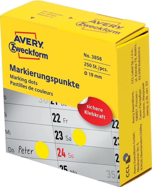 Avery markering prikker, diameter 19 mm, rulle med 250 stykker, gul