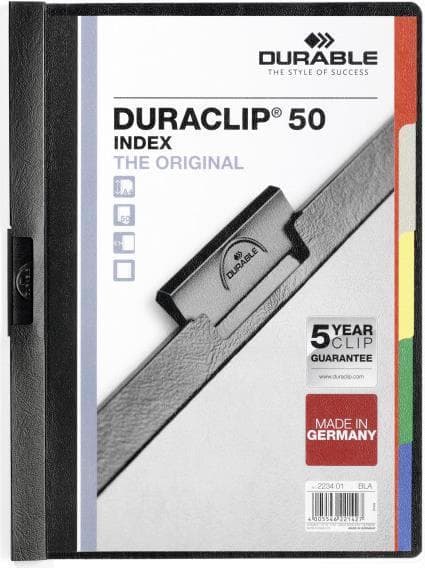 DURABLE Hunke & Jochheim clip folder DURACLIP® 50 INDEX, styv film, 50 ark, transparent/svart