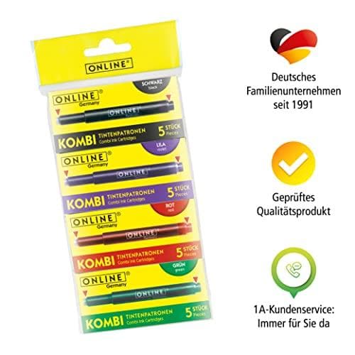 ONLINE 20x kompatible LAMY patroner, universelle blækpatroner, til alle almindelige fyldepenne, erstatningspatroner, værdipakke rød, grøn, sort, lilla
