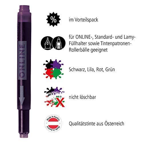 ONLINE 20x kompatible LAMY patroner, universelle blækpatroner, til alle almindelige fyldepenne, erstatningspatroner, værdipakke rød, grøn, sort, lilla