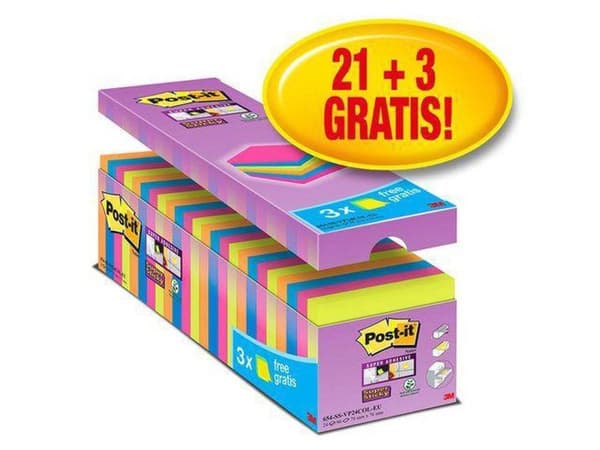 Post-it® Super Sticky Notes - 76 mm x 76 mm - 21 block + 3 gratis