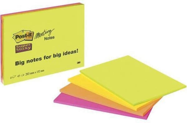 Post-it® kokousmuistiinpanot, vihreä, vaaleanpunainen, oranssi, keltainen, 149 x 200 mm, 4 tyynyä, 45 arkkia/lohko