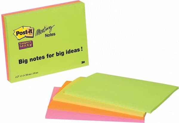 Post-it® mødesedler, grøn, lyserød, orange, gul, 149 x 200 mm, 4 puder, 45 ark/blok