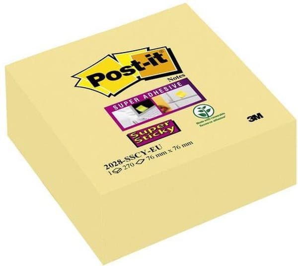 Post-it® Super Sticky Notes, Canary Yellow™, 76 mm x 76 mm, 270 ark/dyna