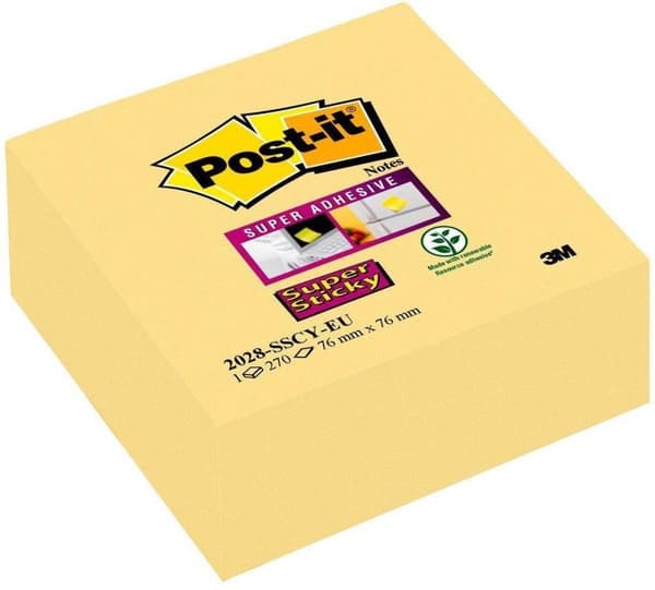 Post-it® Super Sticky Notes, Canary Yellow™, 76 mm x 76 mm, 270 ark/dyna