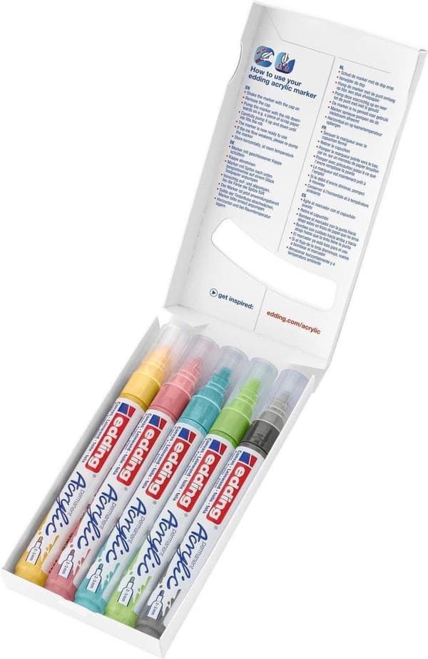 edding 5100 akrylmaling tuscher - 5 pastelfarver sæt - rund spids 2-3 mm - Vandtæt blæk