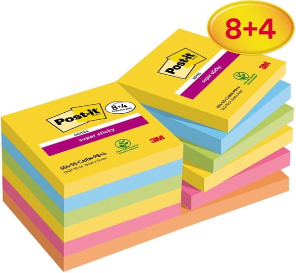 Post-it Super Sticky lappar Carnival, 90 ark, fot 76 x 76 mm, 8 + 4 GRATIS