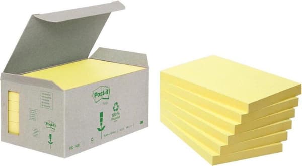 Post-it®-sedler, genanvendt, tårn, gul, 76 x 127 mm, 16 blokke, ikke x-indpakket, 100 ark/blok