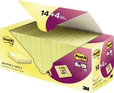 Post-it Notes Promotion 654-P14CY+4SSCY - Selvklæbende sticky notes i 76 x 76 mm - 18 firkantede notesblokke á 100 ark i gult